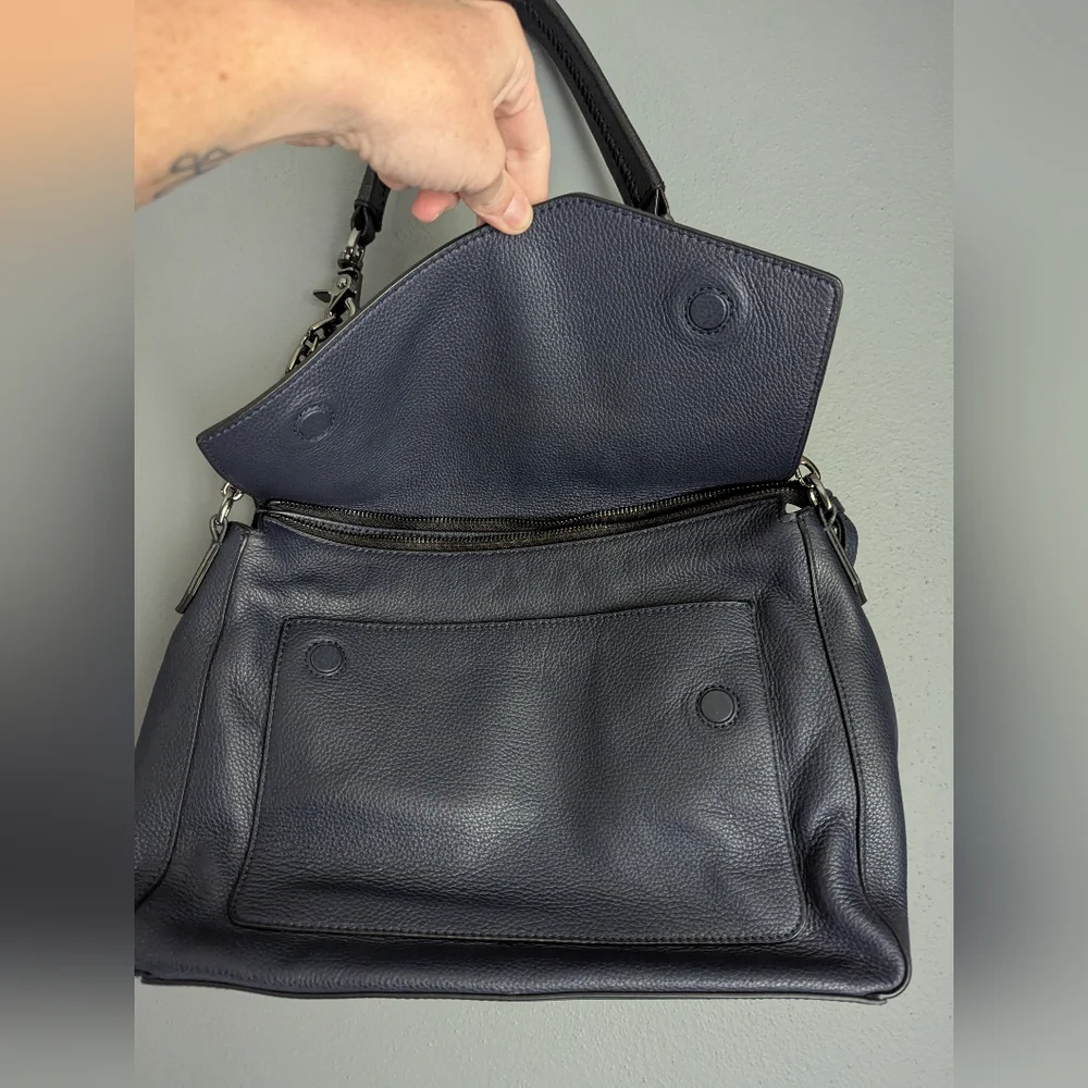 Botkier Blue Leather Shoulder Bag With Adjustable Metal Chain Link Strap.